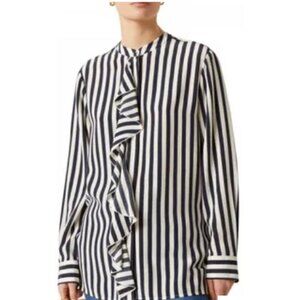 Jigsaw Navy White Striped Ruffle Front Blouse Tunic Top Size 12
